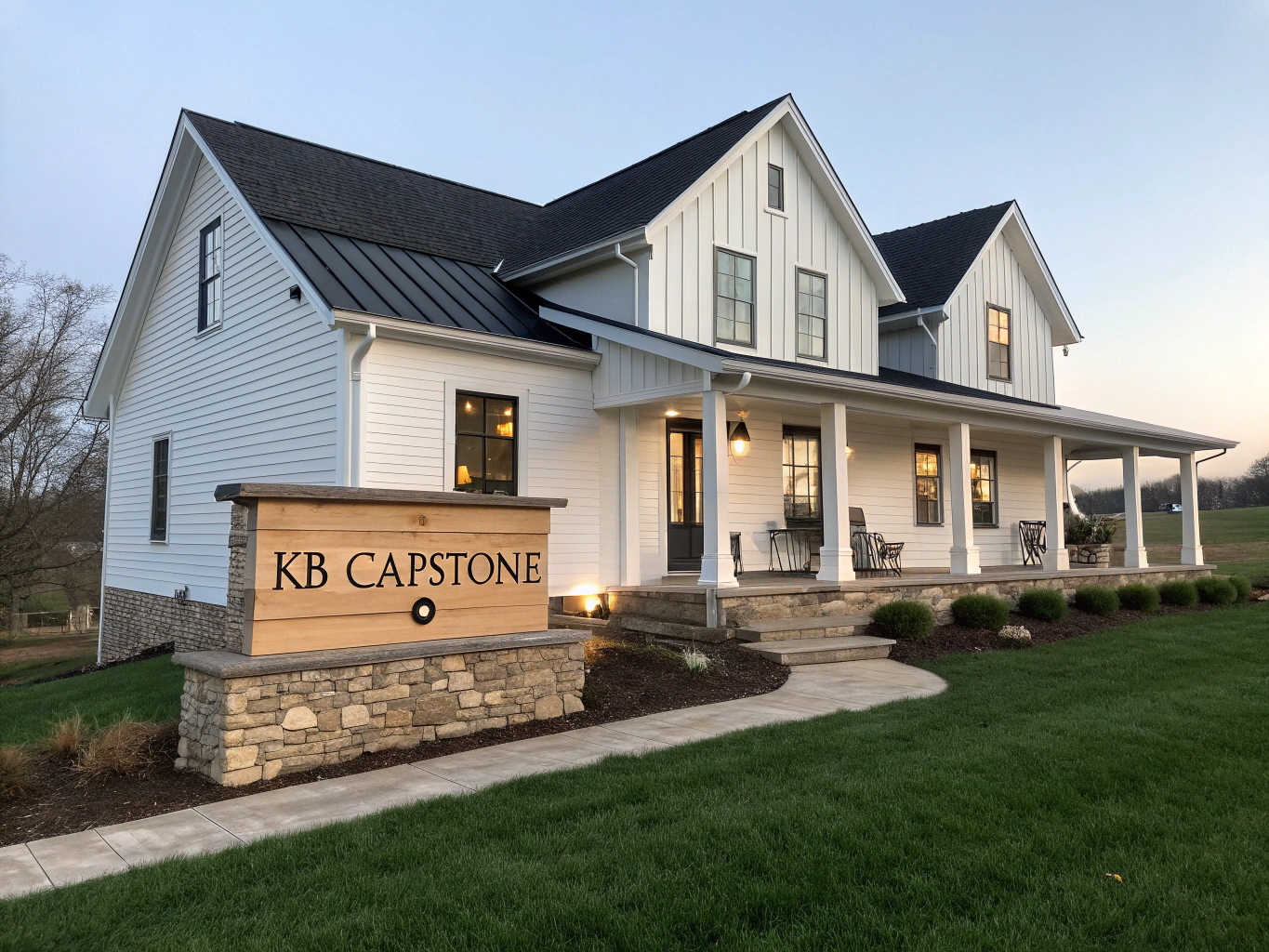 Front exterior of a white modern farmhouse custom residence in Hartselle Alabama