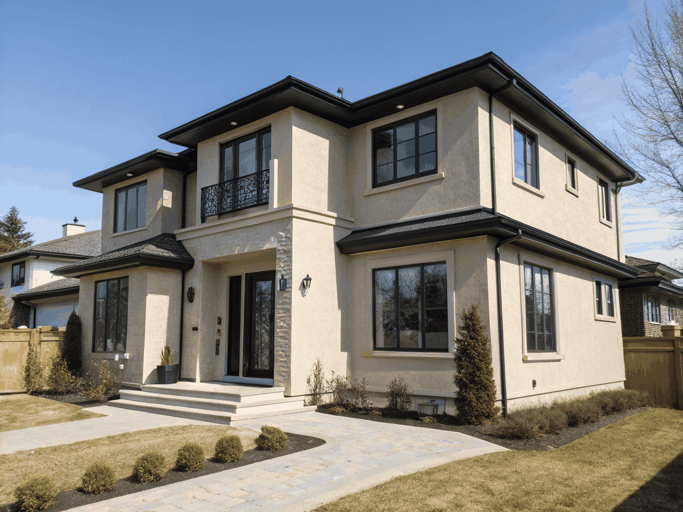 Contemporary single-level custom home with wide entry doors and accessible concrete walkways in Decatur