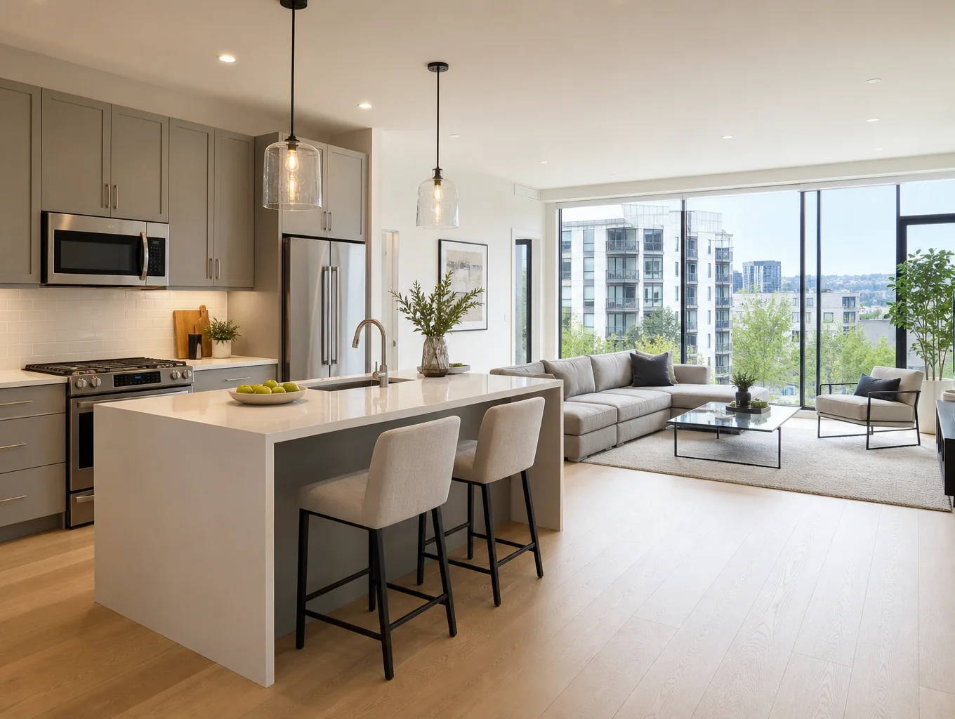 Modern custom kitchen and living room remodel